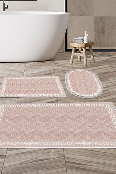 Dekoreko Ψηφιακό σετ μπάνιου 3 τεμαχίων Star Cotton Αντιολισθητική Βάση Μικτή Οβάλ Μοντέρνα Πούδρα Krystalyn