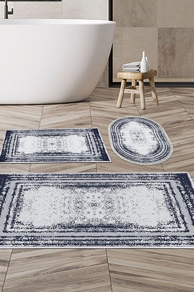 Dekoreko Digital 3-Piece Bathroom Set Star Leather Non-Slip Base Mixed Oval Modern Mollie Navy Blue