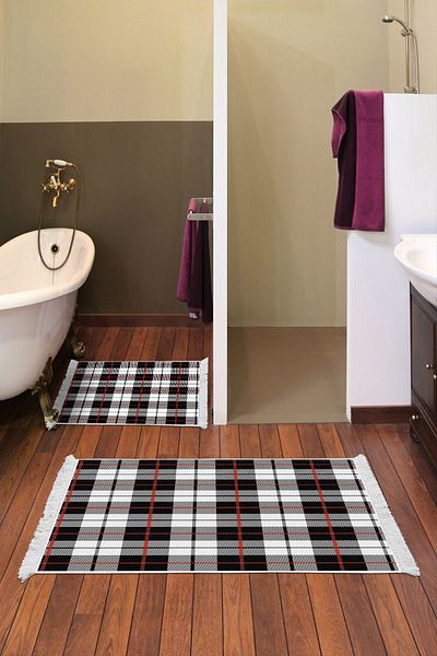 Dekoreko Digital 2-Piece Bath Mat Set Trend Felt Non-Slip Base Fringed Modern Lee Black