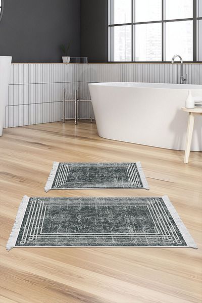 Dekoreko Digital 2-Piece Bath Mat Set Star Cotton Non-Slip Base Fringed Modern Shelbi Gray