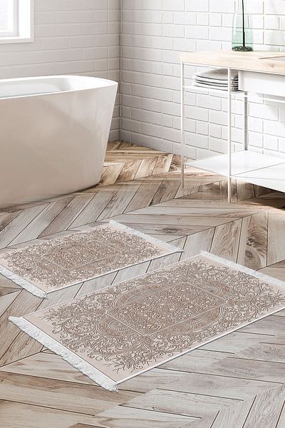 Dekoreko Ψηφιακό σετ πατάκι μπάνιου 2 τεμαχίων Star Cotton Αντιολισθητική βάση με κρόσσια μοντέρνο καφέ Katrina