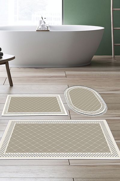Dekoreko Digital 3-Piece Bath Mat Set Trend Felt Non-Slip Base Mixed Oval Modern Krystalyn Beige