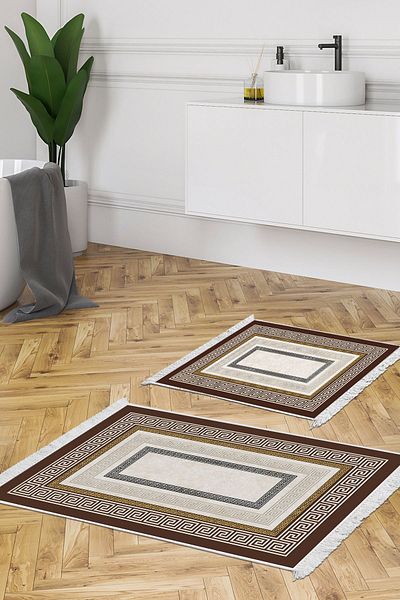 Dekoreko Digital 2-Piece Bath Mat Set Star Leather Non-Slip Base Fringed Modern Esmee Gold