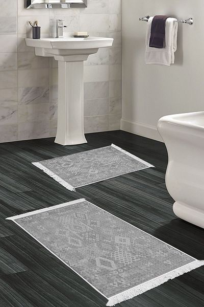Dekoreko Digital 2-Piece Bath Mat Set Star Leather Non-Slip Base Fringed Scandinavian Lorene Gray