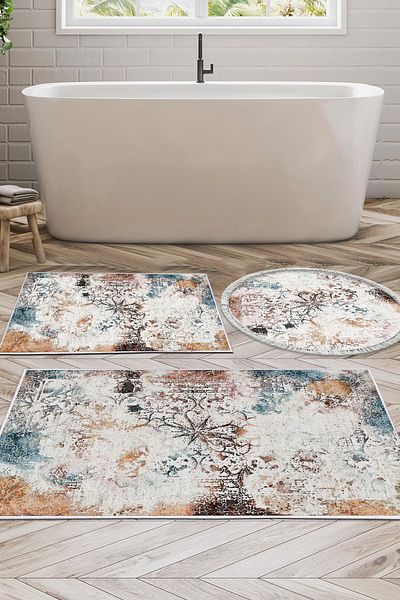 Dekoreko Digital 3-Piece Bathroom Set Trend Felt Non-Slip Base Mixed Round Modern Fern Color