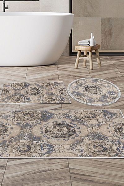 Dekoreko Digital 3-Piece Bathroom Set Trend Felt Non-Slip Base Mixed Round Modern Brenna Cream