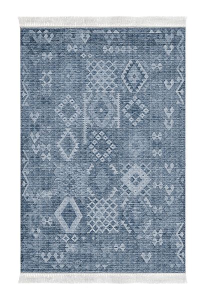 Dekoreko Digital 2-Piece Bath Mat Set Star Cotton Non-Slip Base Fringed Scandinavian Lorene Navy Blue