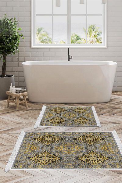 Dekoreko Digital 2-Piece Bath Mat Set Star Cotton Non-Slip Base Fringed Modern Osana Yellow