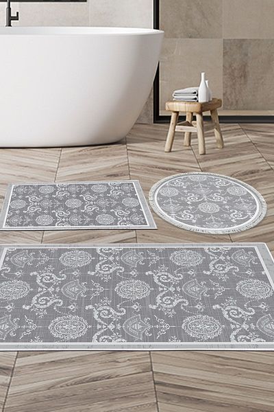 Dekoreko Non-Slip Base Djt 3-Piece Bathroom Mat Set Star Leather Mixed Round Modern 1861m Gray