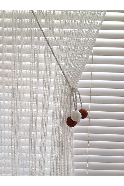 venedik home 4 Ball Modern Ecru Curtain Binding Apparatus - Brchol with Cord, Wrapped Tulle and Background Detail