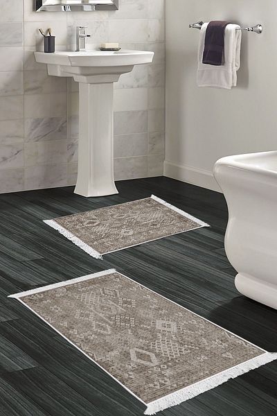 Dekoreko Digital 2-Piece Bath Mat Set Trend Felt Non-Slip Base Fringed Scandinavian Lorene Brown