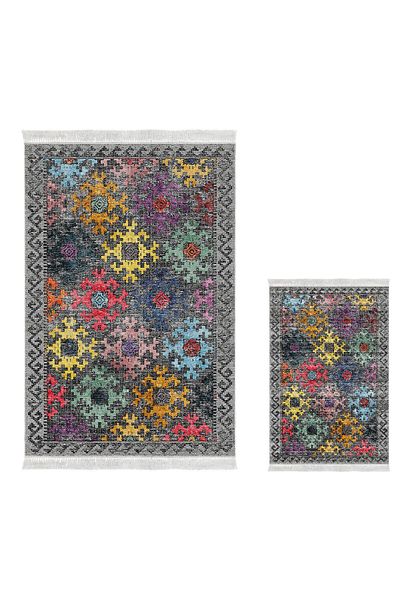 Dekoreko Digital 2-Piece Bath Mat Set Trend Felt Non-Slip Base Fringed Scandinavian Leesa Colorful