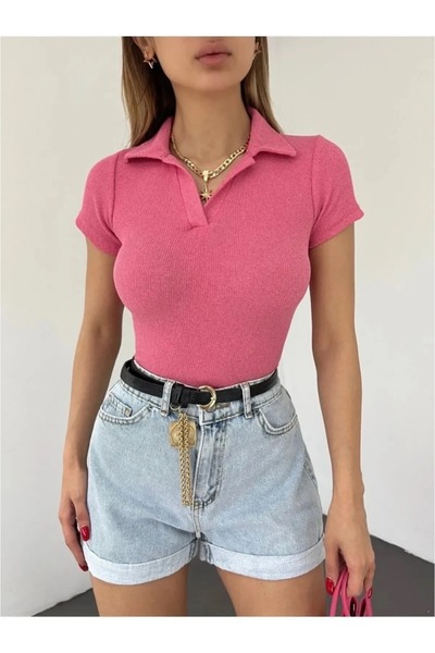 Nisa Luxury Boutique Women's Black Polo Neck Crop Blouse - Short Sleeve Camisole