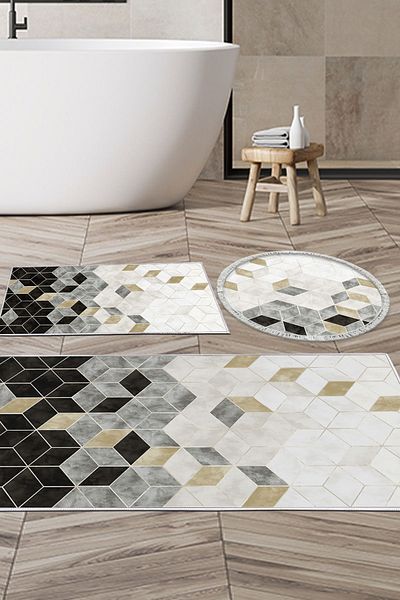 Dekoreko Digital 3-Piece Bathroom Set Trend Felt Non-Slip Base Round Scandinavian Stephania Cream