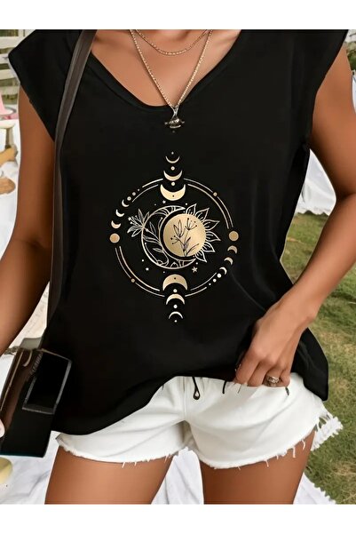 mercoledi Kadın V Yaka Kolsuz Oversize Salas Boyfriend T-shirt