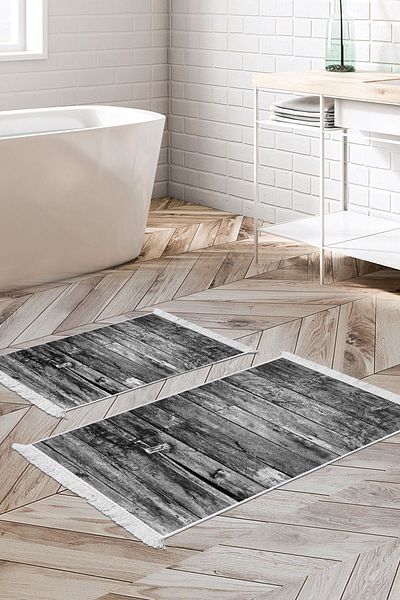 Dekoreko Digital 2-Piece Bath Mat Set Star Cotton Non-Slip Base Fringed Modern Alannah Gray