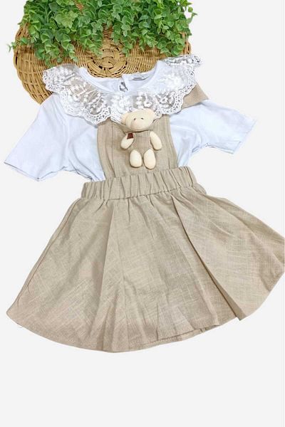 dinamik çocuk Lacy Linen Gilet Dress for Girl 2 Pieces Set - Adjustable Straps and Holiday