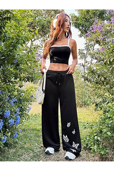 bellanova Μαύρο γυναικείο μακρύ παντελόνι με σχέδιο πεταλούδας