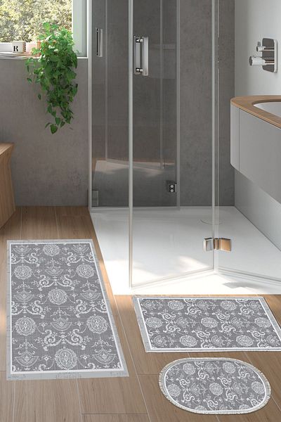 Dekoreko Digital 3-Piece Bathroom Mat Set Star Leather Non-Slip Base Mixed Oval Modern Queta Gray