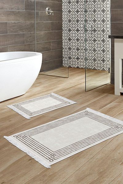 Dekoreko Digital 2-Piece Bath Mat Set Trend Felt Non-Slip Base Fringed Modern Shelbi Beige