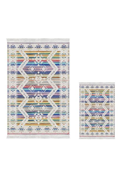Dekoreko Digital 2-Piece Bath Mat Set Star Cotton Non-Slip Base Fringed Scandinavian Queen Colorful
