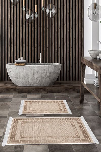 Dekoreko Digital 2-Piece Bath Mat Set Star Cotton Non-Slip Base Fringed Modern Dorothea Beige