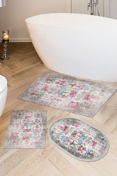 Dekoreko Digital 3-Piece Bath Mat Set Trend Felt Non-Slip Base Mixed Oval Modern Gertie Color