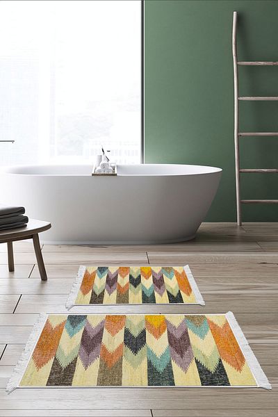 Dekoreko Digital 2-Piece Bath Mat Set Star Cotton Non-Slip Base Fringed Modern Vina Colorful