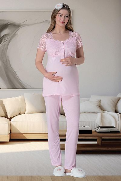 Lohussa Pink Lace Lycra Cotton Maternity Pajama Set - Summer Flexible Special Design