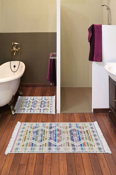 Dekoreko Digital 2-Piece Bath Mat Set Star Cotton Non-Slip Base Fringed Scandinavian Queen Colorful