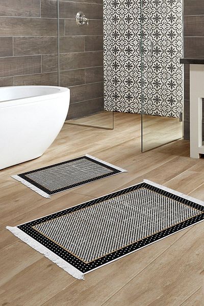 Dekoreko Digital 2-Piece Bath Mat Set Star Leather Non-Slip Base Fringed Modern Stormy Black