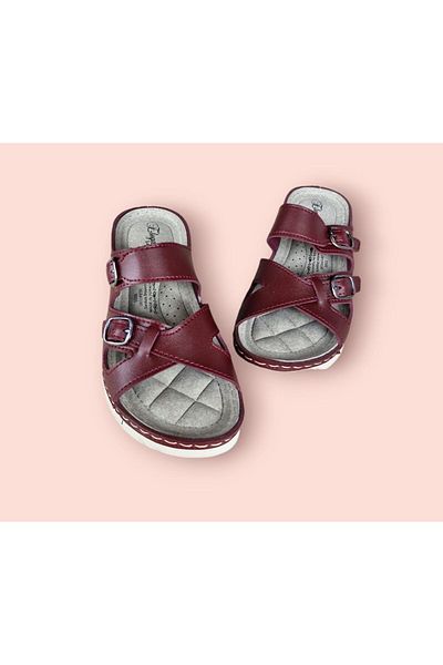 ŞAHGÜL Elegance Claret Red Women's Slippers - Orthopedic Sole and Stitching Detail