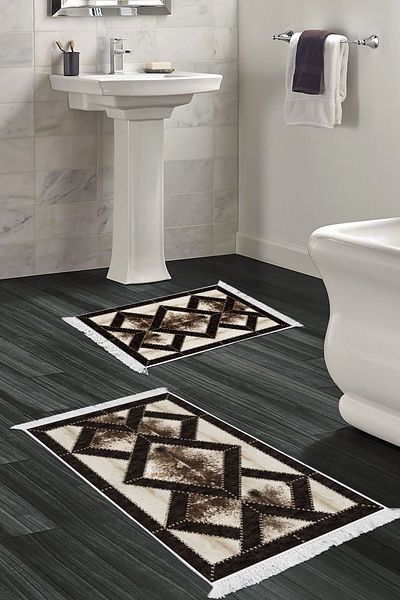 Dekoreko Digital 2-Piece Bath Mat Set Trend Felt Non-Slip Base Fringed Modern Posy Brown