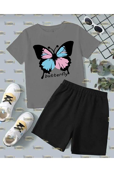 aynewmoda Putterfly Printed Colorful Butterfly T-shirt and Shorts Set