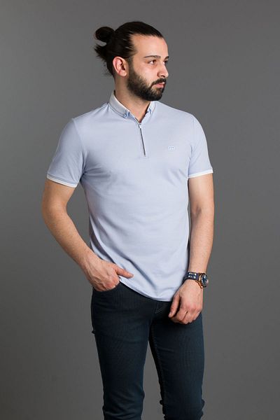 ZEKİ ÖZER MEN'S BLUE ZIPPERED POLO NECK T-SHIRT
