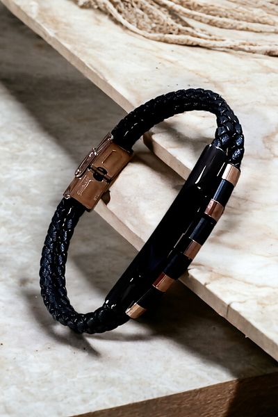 Tonny Walker Black Rose Men's Bracelet - Genuine Leather, Stainless Steel Detail, Magnet Clasp TWB2002C2