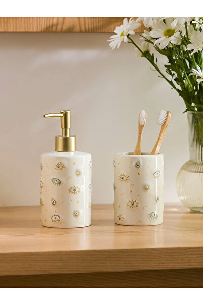 LC Waikiki 2'li Seramik Banyo Seti Sıvı Sabunluk Fırçalık Ekru Krem 17cm