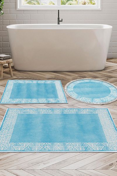 Dekoreko Set de baie digital din 3 piese Star Piele Talpă anti-alunecare Mixt Rotund Modern Sequoia Blue