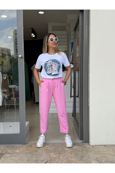 Quzu Carrot Model - Pink Trousers, Elastic Waist