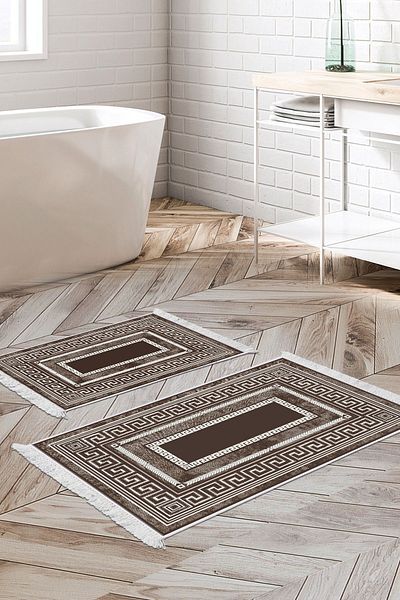 Dekoreko Digital 2-Piece Bath Mat Set Trend Felt Non-Slip Base Fringed Modern Carmel Brown