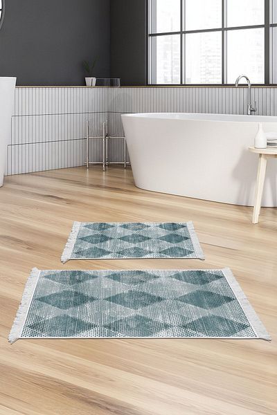 Dekoreko Set covoraș de baie cu talpă anti-alunecare Djt 2 piese Star piele cu franjuri Scandinav F5131 Turcoaz