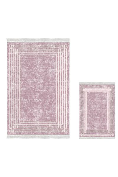 Dekoreko Digital 2-Piece Bath Mat Set Trend Felt Non-Slip Base Fringed Modern Shelbi Powder