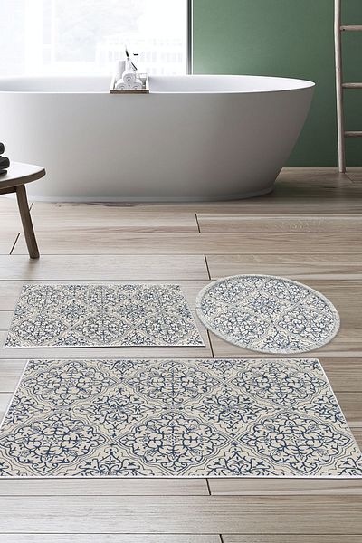 Dekoreko Digital 3-Piece Bath Mat Set Trend Felt Non-Slip Base Mixed Round Modern Holly Cream