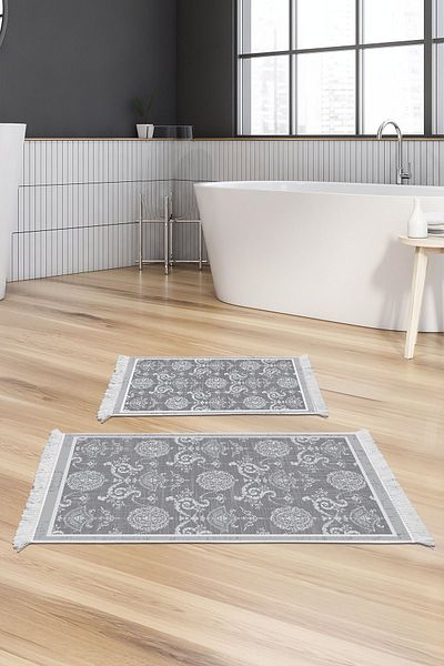 Dekoreko Digital 2-Piece Bath Mat Set Trend Felt Non-Slip Base Fringed Modern Queta Gray