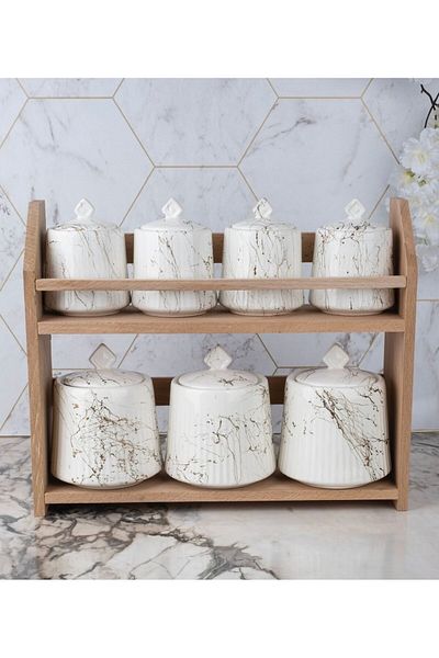 Kitchen Pembelia 7-Piece Marble Patterned Porcelain Spice Storage Set with Wooden Stand