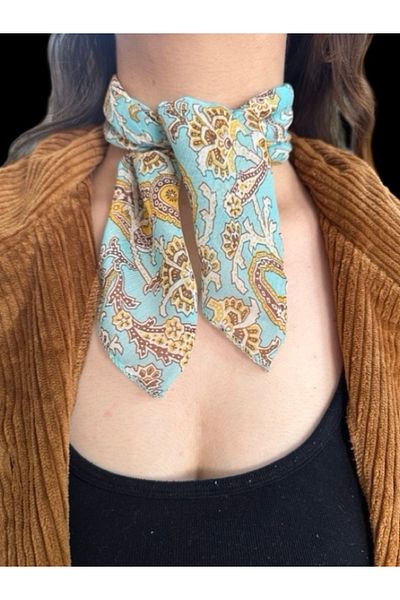 MAZEN Patterned Turquoise Chiffon Scarf 45X45 Hair, Bag, Wrist, Neck Accessory