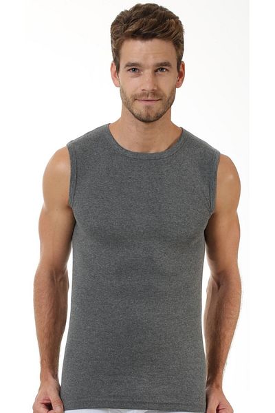 Öztaş Underwear Öztaş Anthracite Melange 3-Piece Ribbed Sleeveless Crew Neck Set