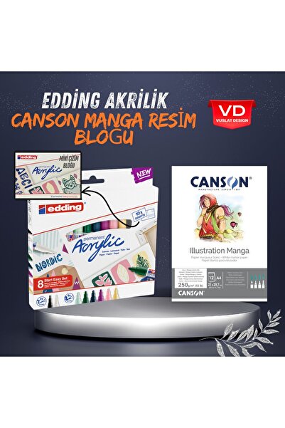 Edding Akrilik Markör Yaratıcı Set Marker Kalem & Canson Illustration Manga Çizim Bloğu 250 gr Set
