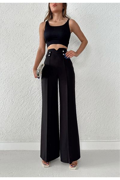 H&A İSTANBUL Women's High Waist Palazzo Button Detail Slim Fit Calip Trousers
