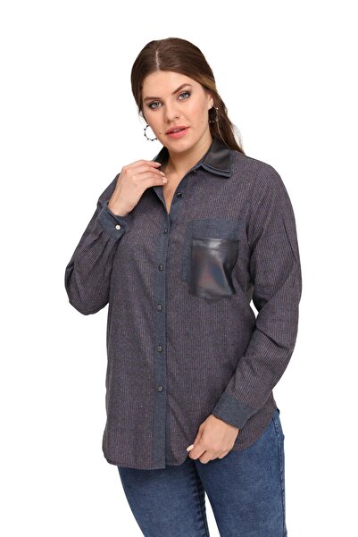 FİERTE Fierte Kadın Büyük Beden Gömlek Lm43220 Yakalı Düğme Kapama Uzun Kol Deri Cep Detay Spor Lacivert Ye